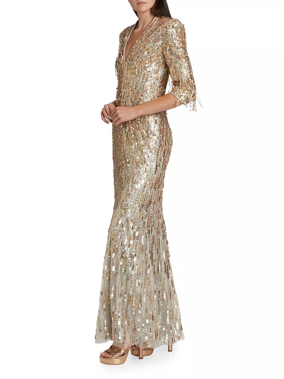 Oscar Sequined V-neck Sheath Gown Product Image