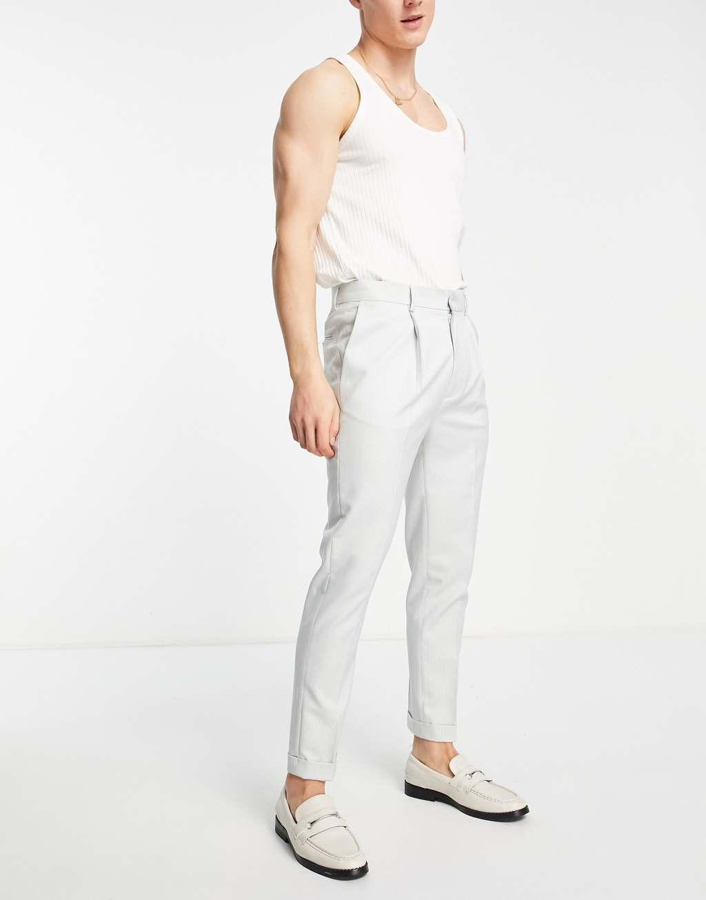 ASOS DESIGN smart tapered turnup pants with micro texture in pastel mint Product Image