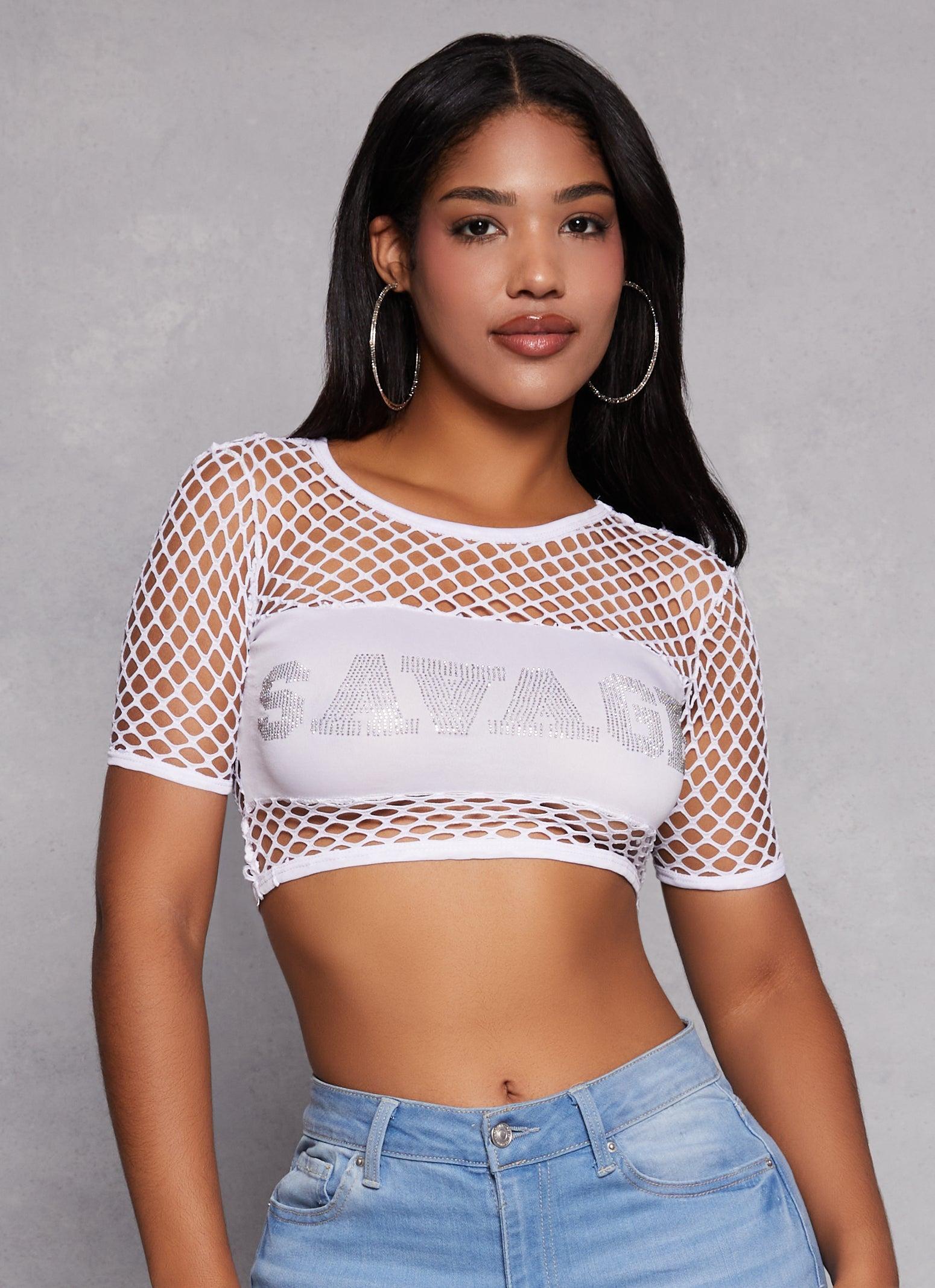 Womens Savage Rhinestone Fishnet Crop Top Product Image