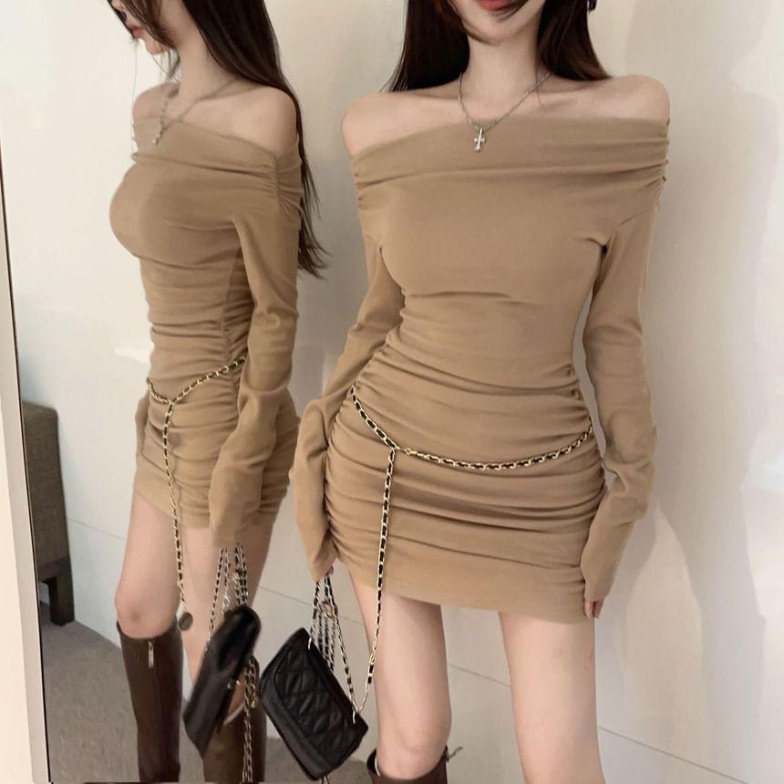 Long Sleeve Off Shoulder Plain Ruched Mini Sheath Dress Product Image