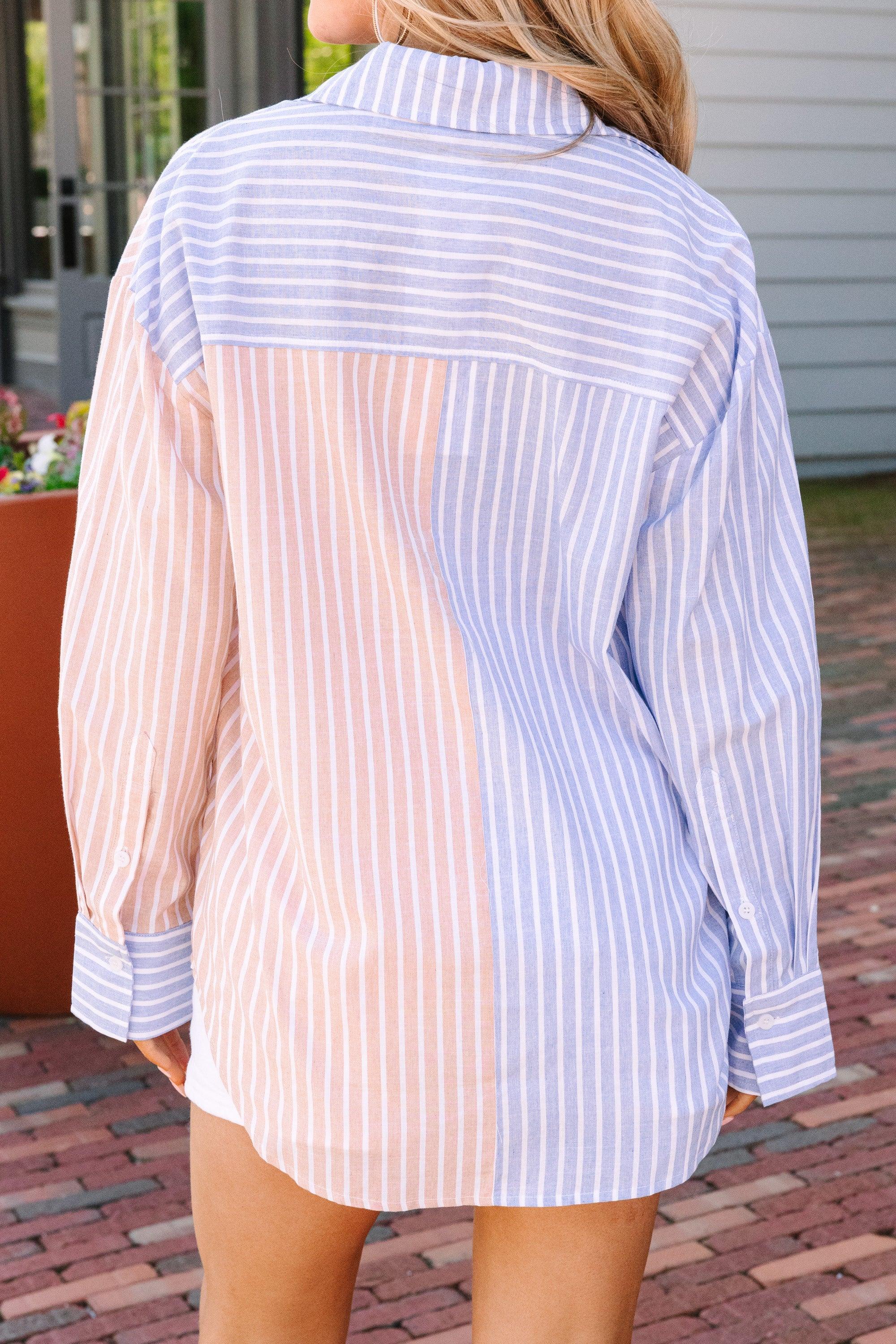 Show Up Blue Striped Button Down Top Female Product Image