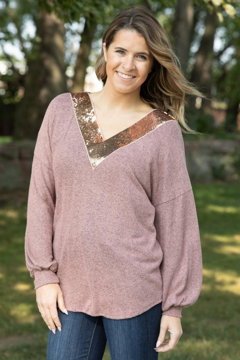 Dusty Rose and Gold Sequin Trim Top Product Image