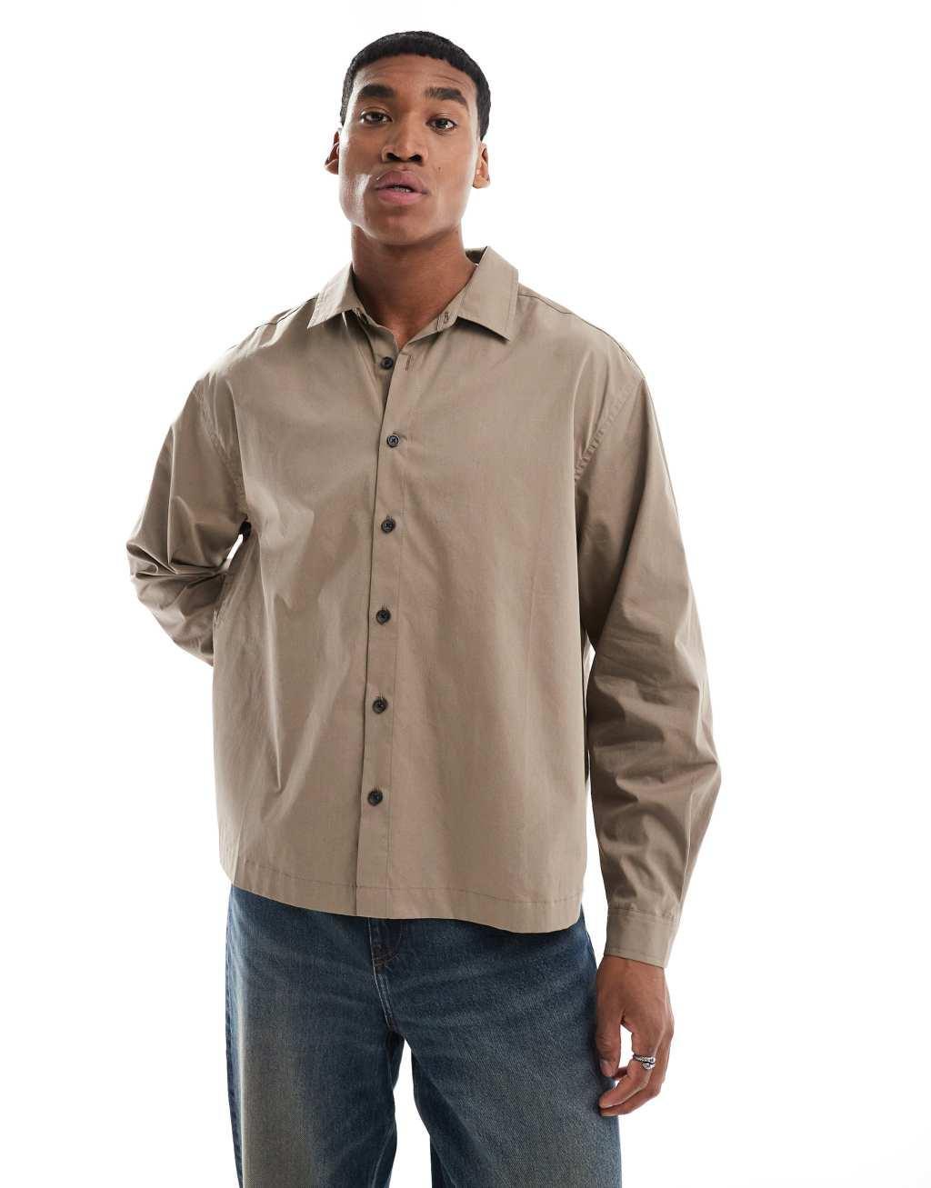 ASOS DESIGN oversized boxy poplin shirt in brown Product Image