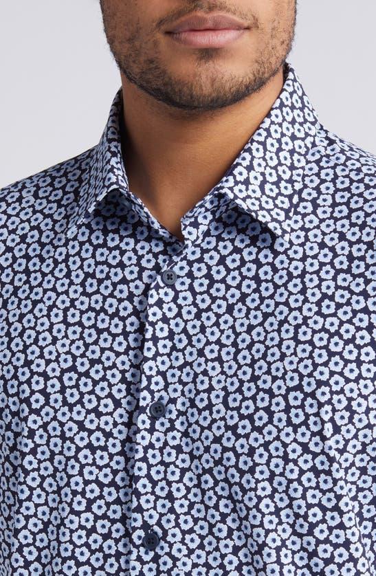 HUGO BOSS Liam Leaf Print Short Sleeve Stretch Linen Button-up Shirt In Navy Product Image