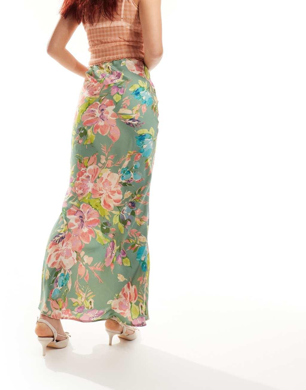 Emory Park blurred floral print satin maxi skirt in green Product Image