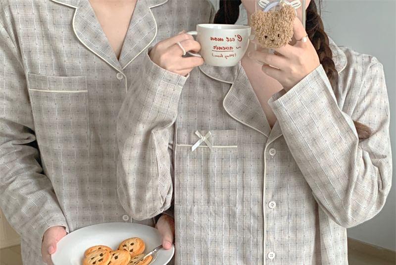 Couple Matching Pajama Set: Long Sleeve Collared Plaid Shirt + Straight Leg Pants (Various Designs) Product Image