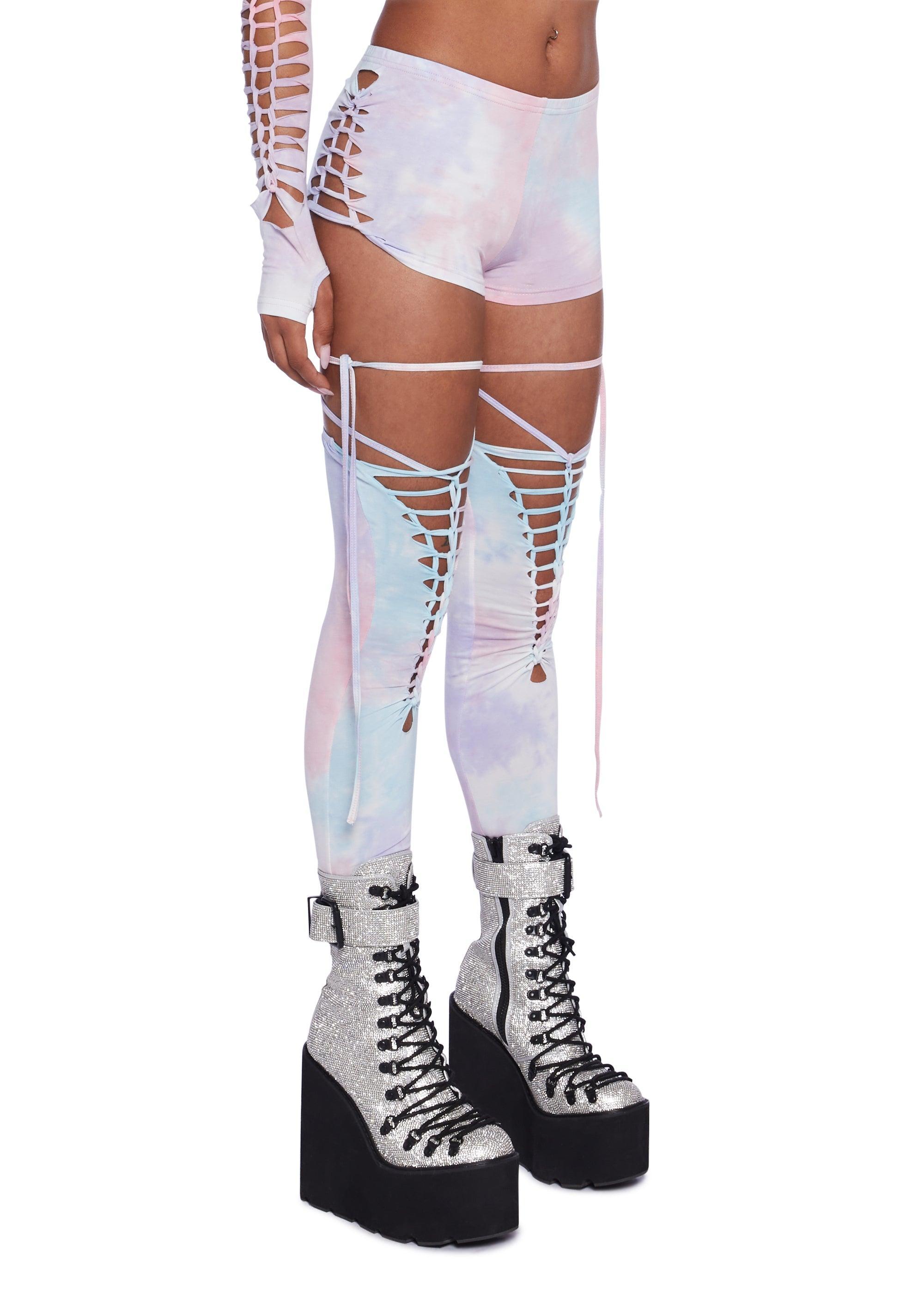 Club Exx Burning Man Tie Dye Shredded Shorts And Stockings Set - Pink Product Image