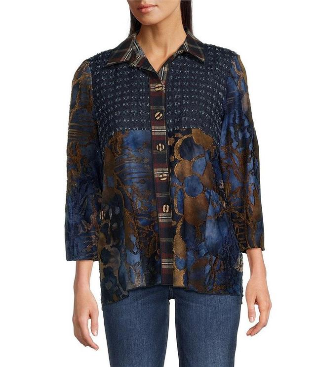 Ali Miles Petite Size Mix-Media Printed Point Collar Long Sleeve Button-Front Tunic Product Image