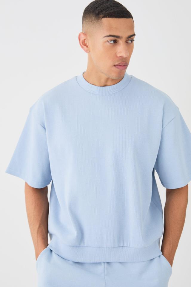 Mens Blue Oversized Boxy Heavyweight Ribbed Short Sleeve Sweatshirt, Blue Product Image