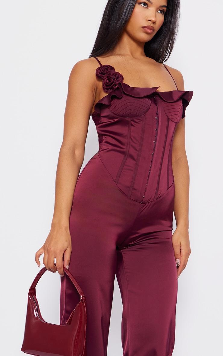 Plum Satin Corsage Corset Strappy Jumpsuit Product Image