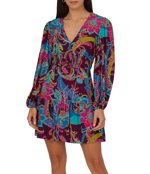 Adrianna by Adrianna Papell Rayon Floral Print V-Neck Long Sleeve Smocked Ruffle Hem Mini Dress Product Image