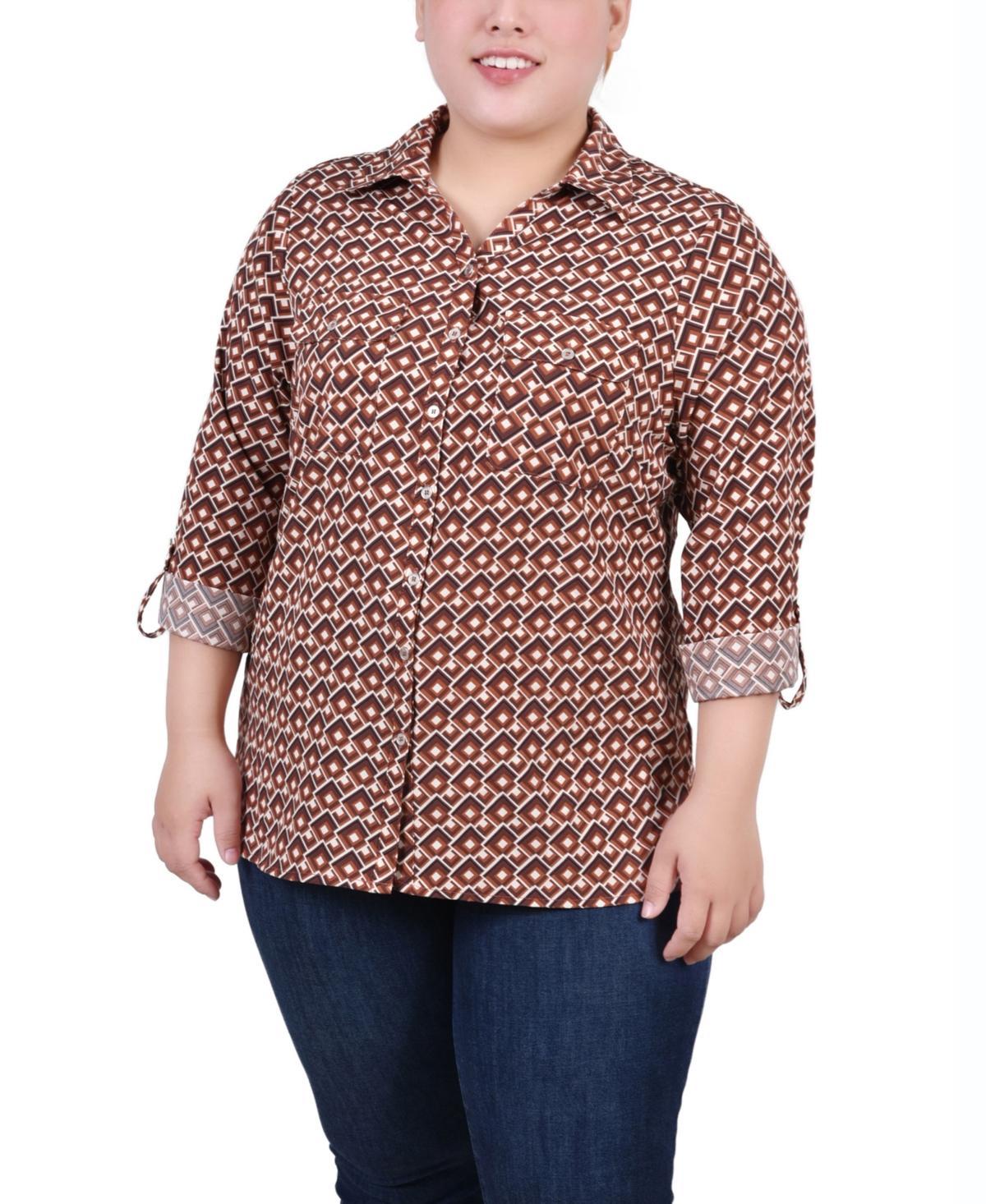 Ny Collection Plus Size 3/4 Sleeve Roll Tab Notch Collar Blouse Product Image