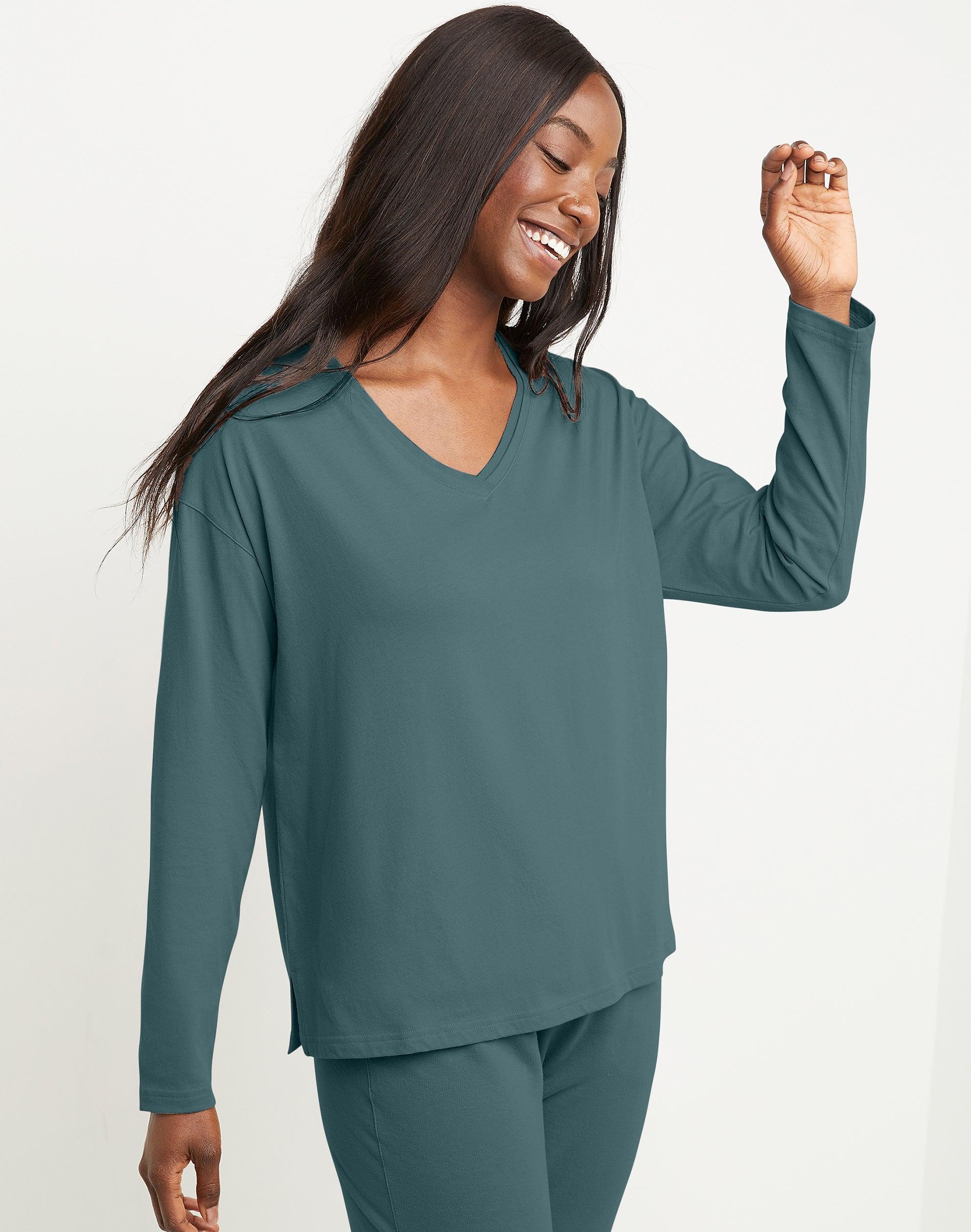 Womens Hanes Originals Long-Sleeve Raw Edge V-Neck Tee Green Product Image