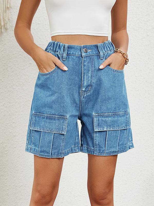 High Waisted Loose Elasticity Pockets Split-Joint Denim Shorts Product Image