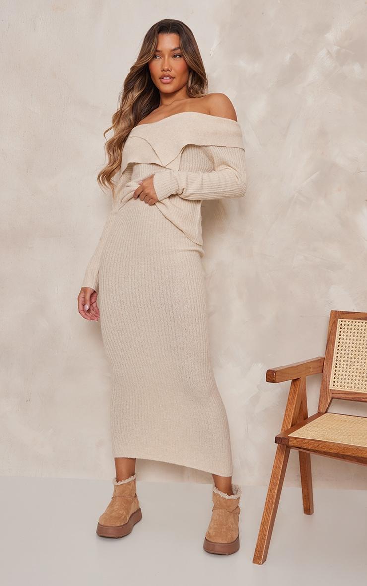 Oatmeal Luxe Knit Low Rise Midaxi Skirt Product Image