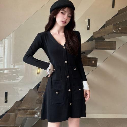 Long-Sleeve V-Neck Button-Up Plain Knit Mini A-Line Dress Product Image