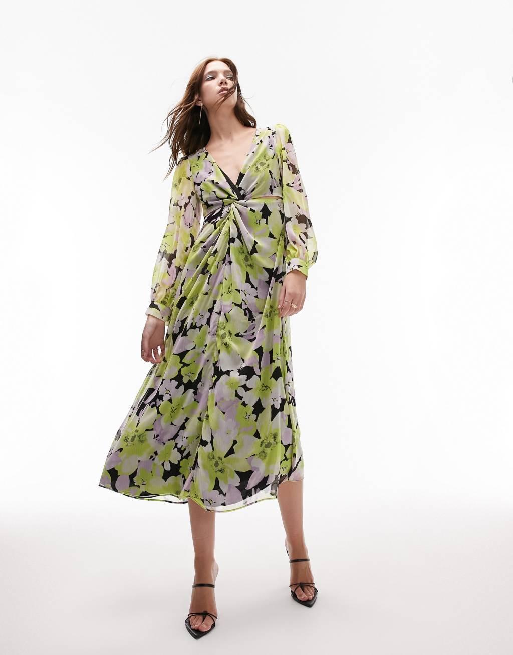 Topshop long sleeve twist cut out midi dress in floral print Product Image