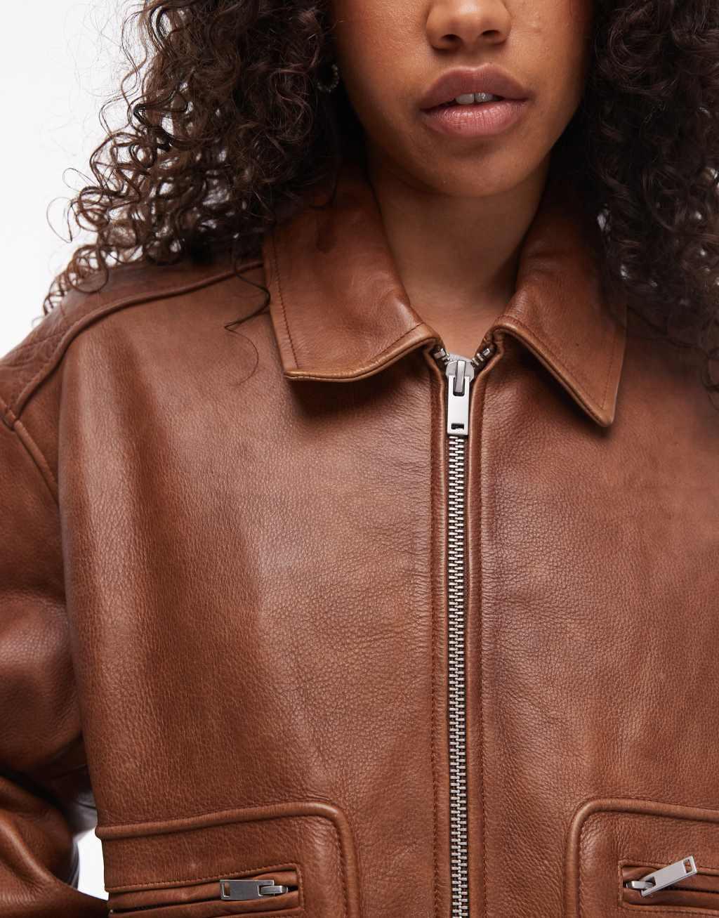 Topshop premium real leather oversized bomber jacket in brown Product Image