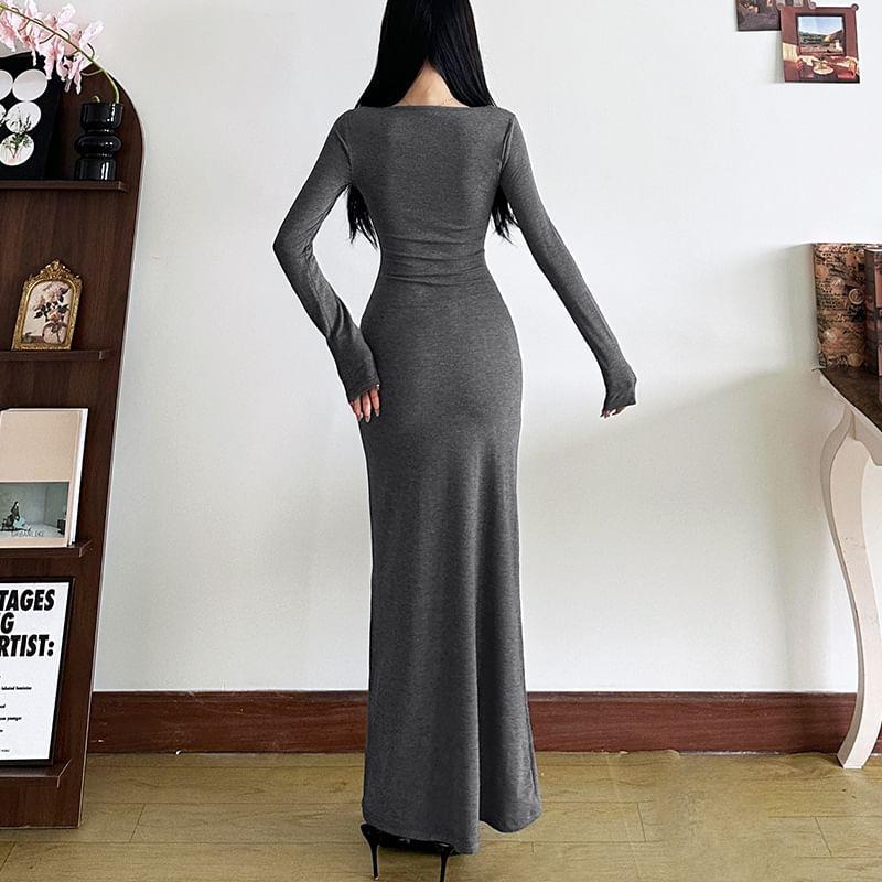 Long Sleeve Scoop Neck Plain Maxi Bodycon Dress Product Image