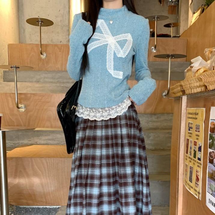 Mock Neck Plain Ribbed Bow Lace Trim Sweater / High Rise Plaid Maxi A-Line Skirt Product Image