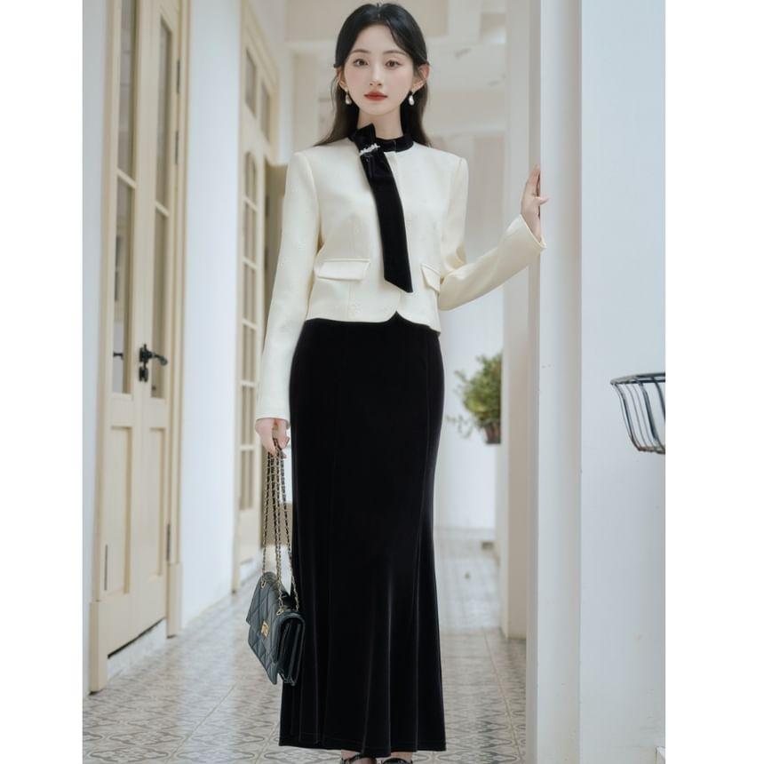 Set: Stand Collar Two Tone Jacket + Mid Waist Plain Midi A-Line Skirt Product Image