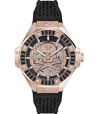 Philipp Plein Mens Automatic Skeleton Royal Black Silicone Strap Watch 46mm - Rosegold Product Image