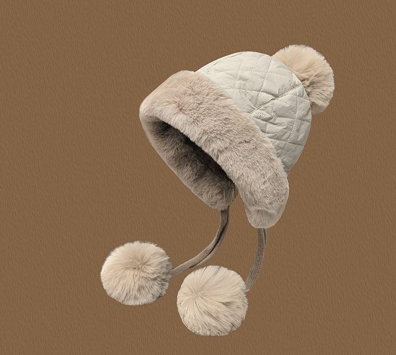 Pom Pom Fluffy Trim Quilted Trapper Hat Product Image