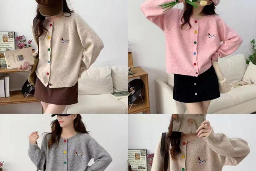 Long-Sleeve Crewneck Embroidered Cardigan Product Image