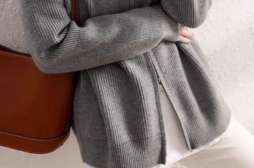 Plain Ribbed Zip Cardigan Product Image