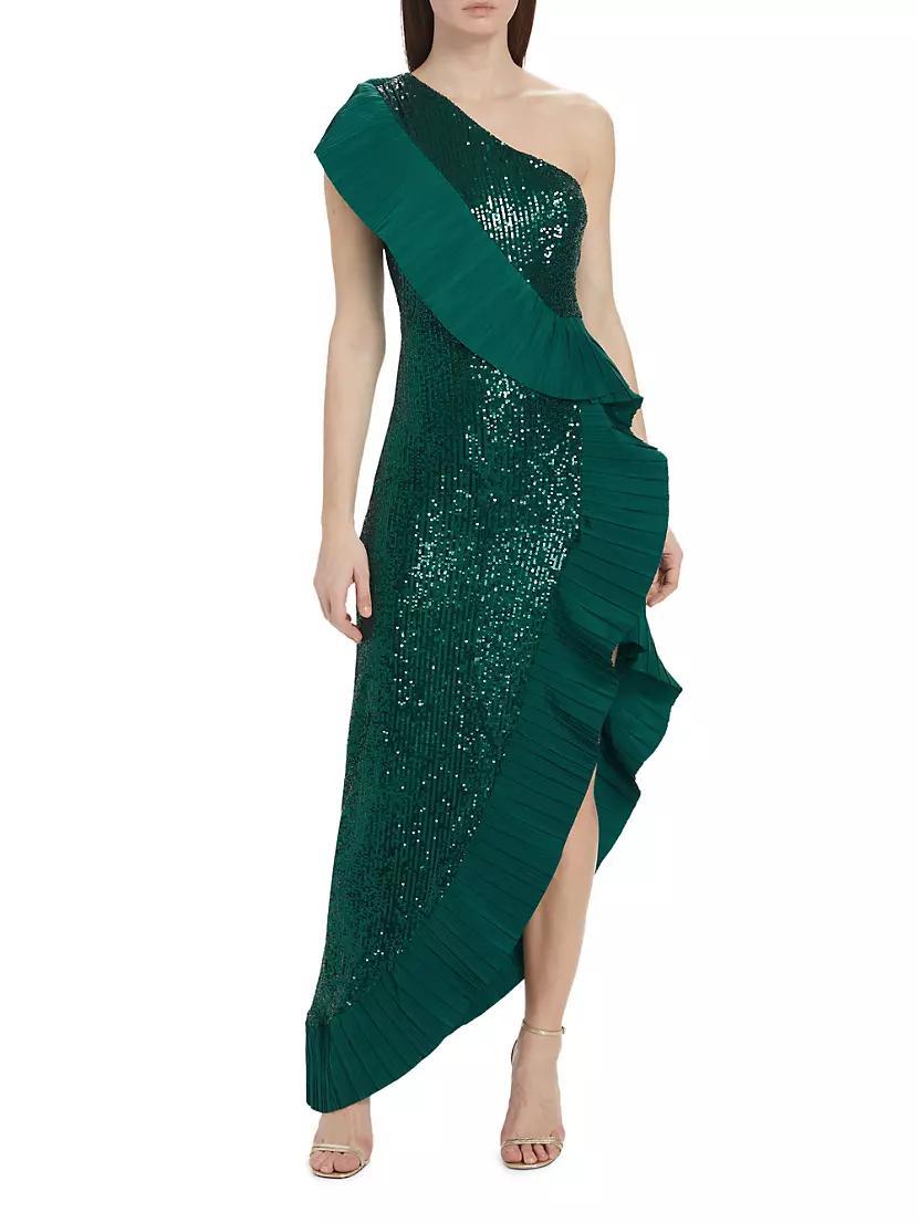 Sequin One-Shoulder Ruffled Gown Product Image