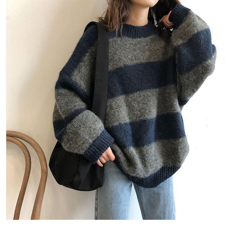 Crew Neck Striped Oversized Sweater Product Image