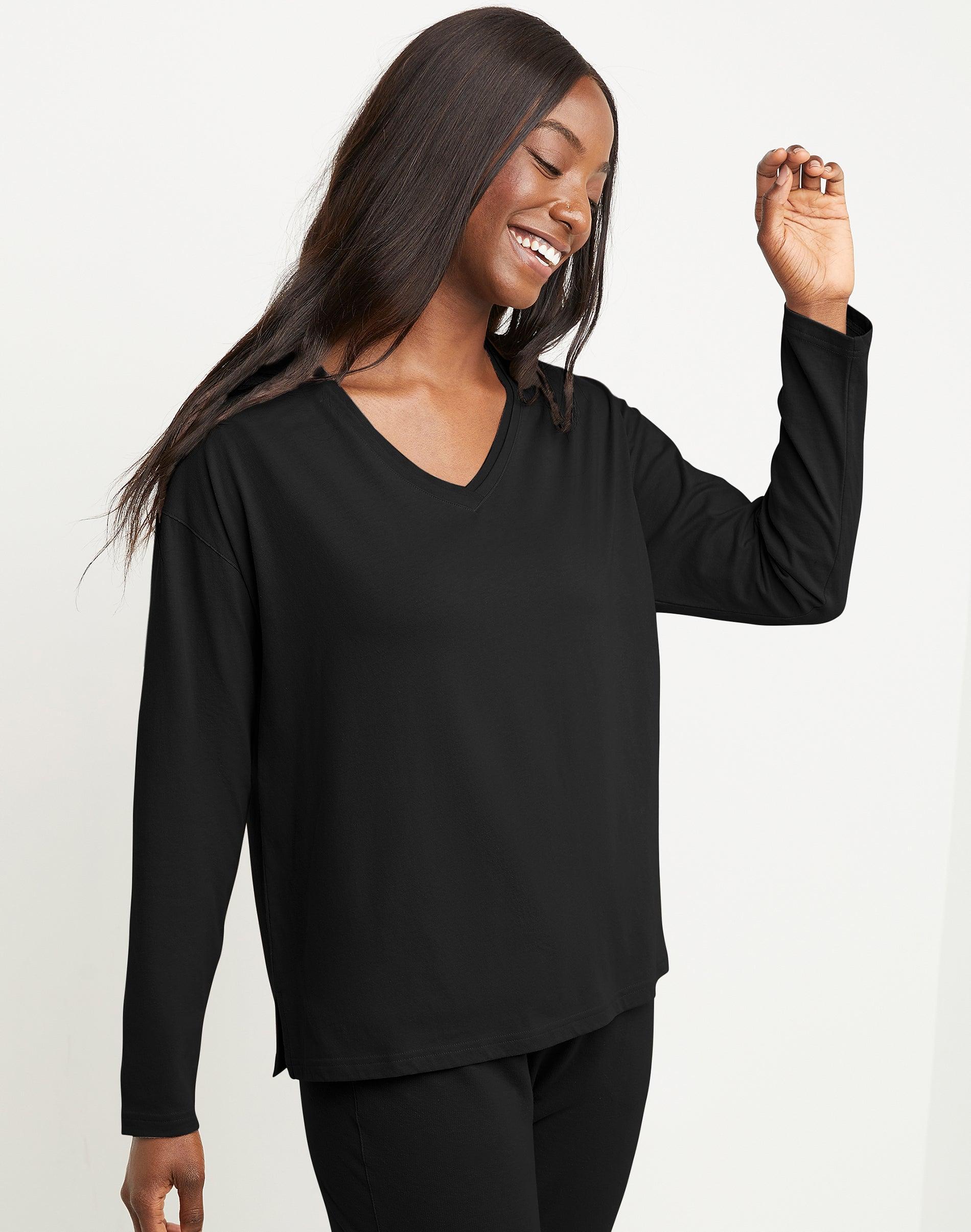 Hanes Originals Womens Long Sleeve Cotton T-Shirt, Raw Edge V-Neck Iced Mocha XS Product Image