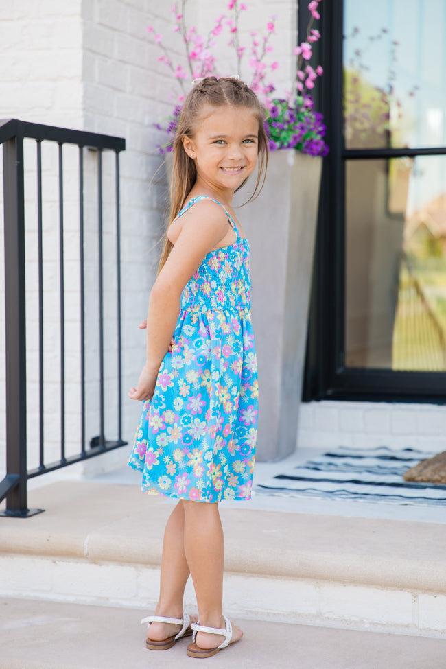 Kid's Sunny Skies Blue Floral Mini Dress Product Image