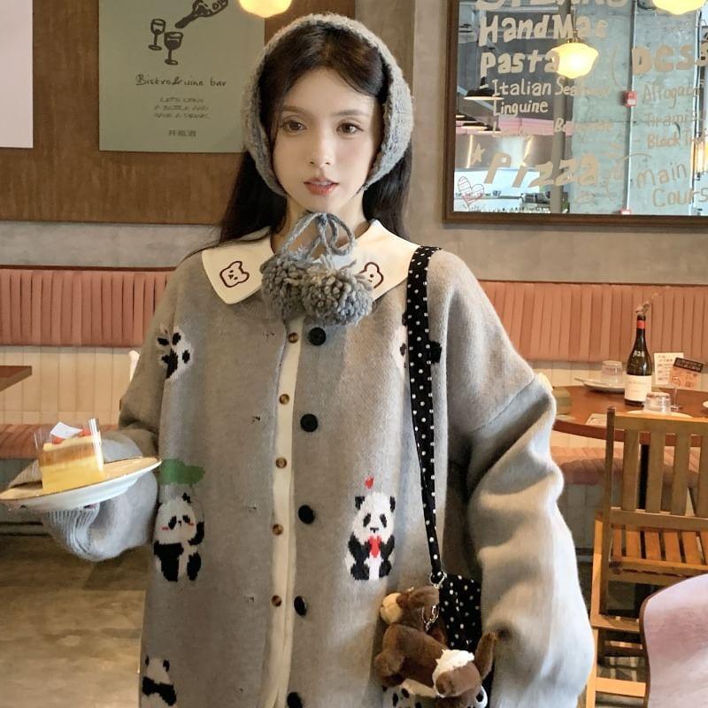 Crewneck Panda Embroidery Cardigan / High Rise Wide Leg Jeans / Long-Sleeve Blouse Product Image