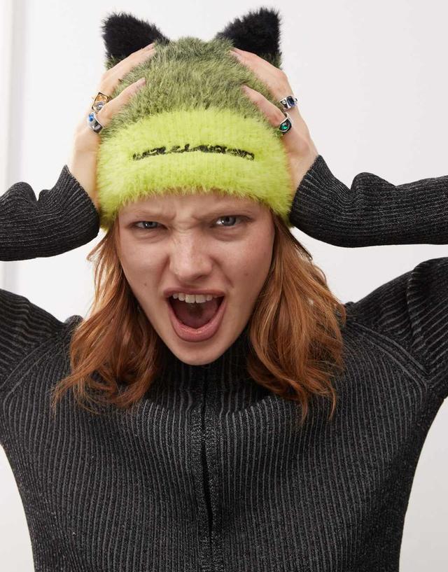 COLLUSION ombre fluffy knit beanie with ears in neon yellow Product Image