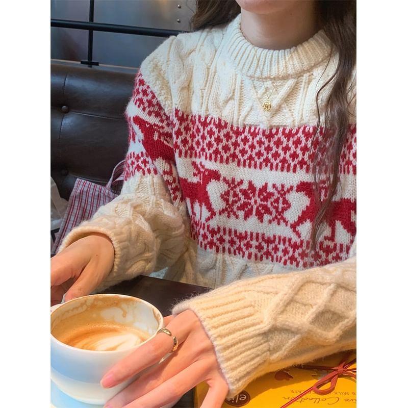 Crewneck Cable Knit Jacquard Sweater Product Image