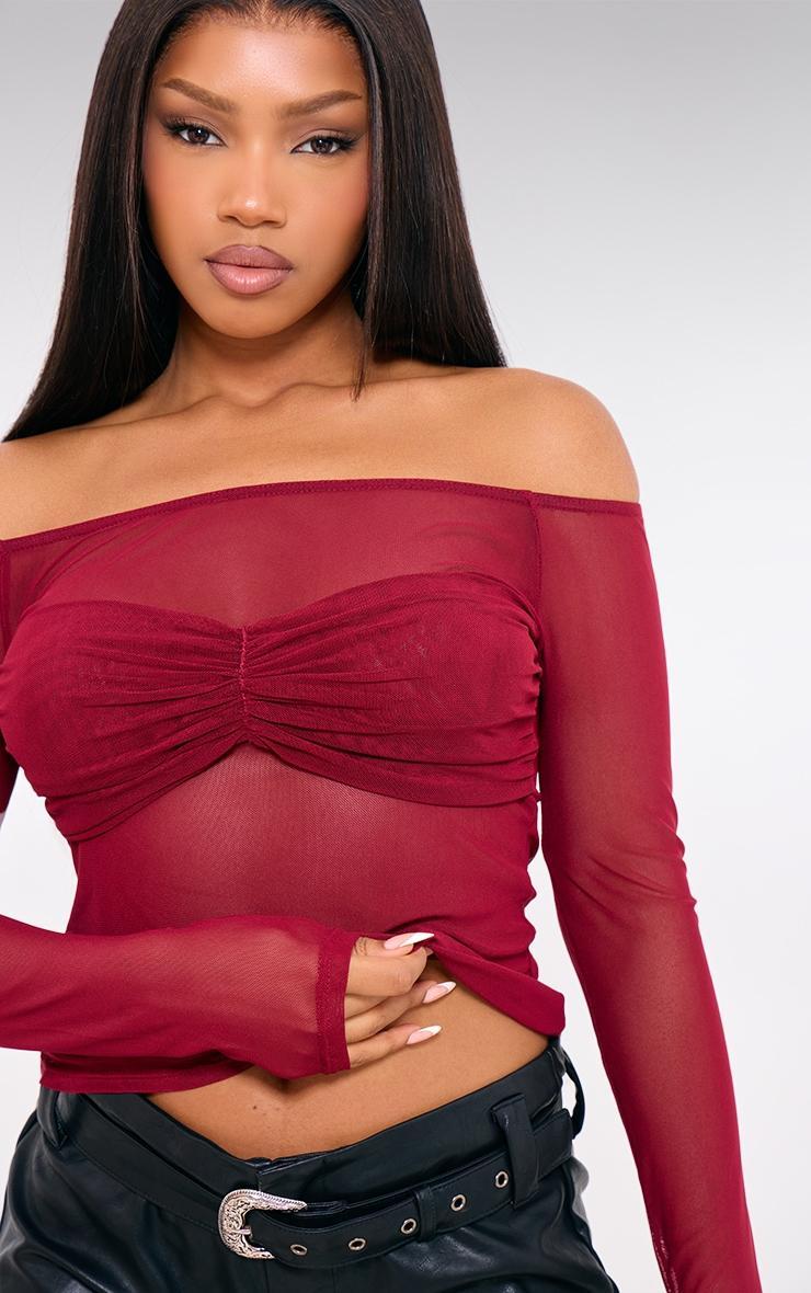 Burgundy Mesh Bardot Ruched Bust Detail Long Top Product Image