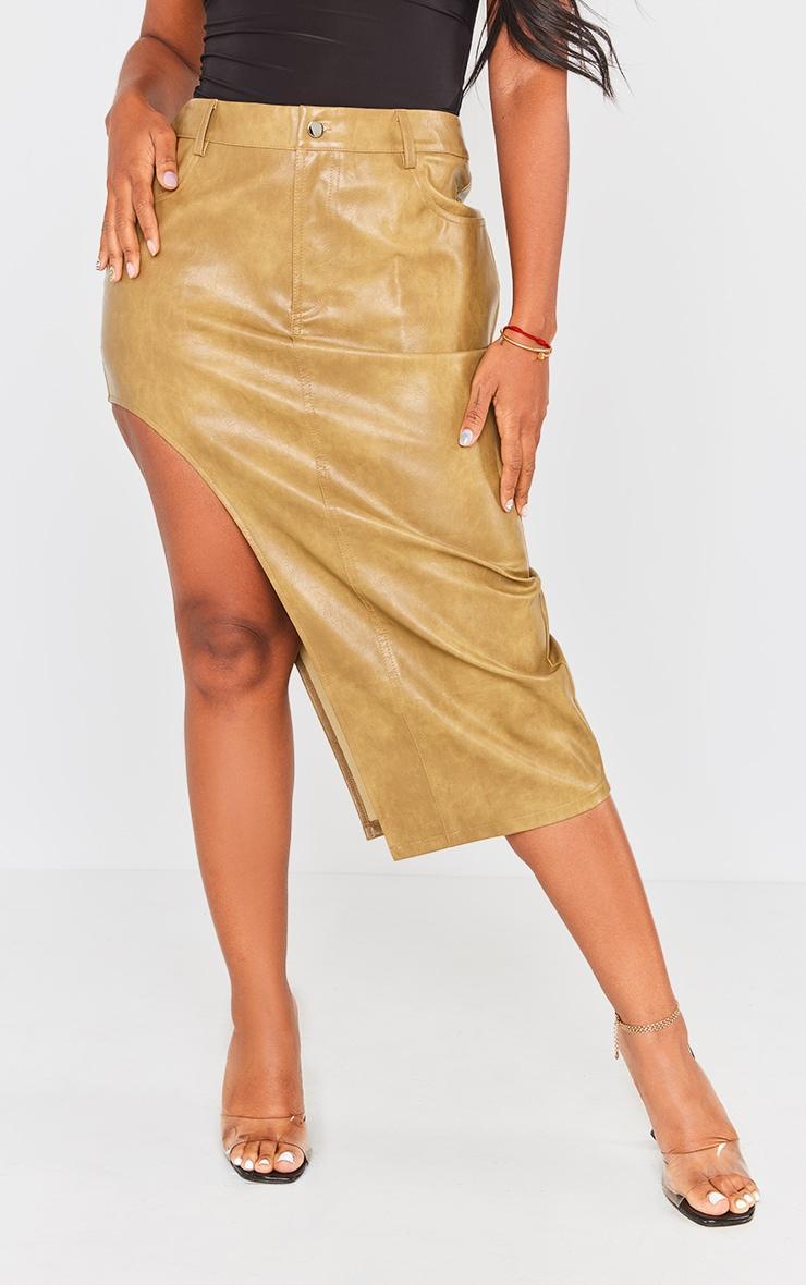 Shape Khaki Washed Faux Leather Asymmetric Midaxi Skirt product image