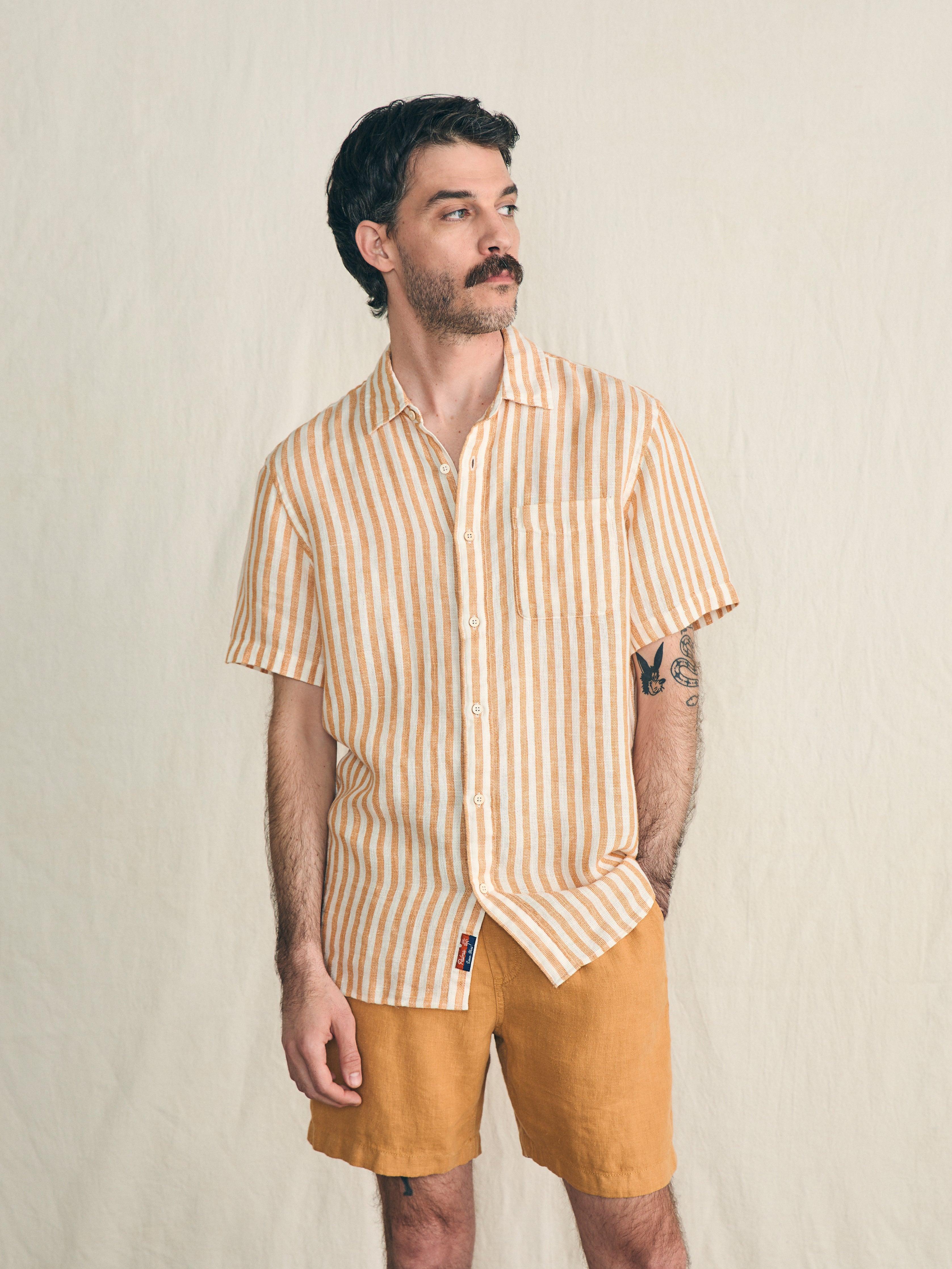 Short-Sleeve Palma Linen Shirt - Gold Ivory Stripe Male Product Image