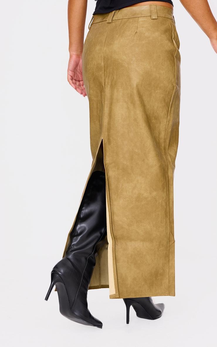 Premium Olive Washed Faux Leather Maxi Skirt Product Image