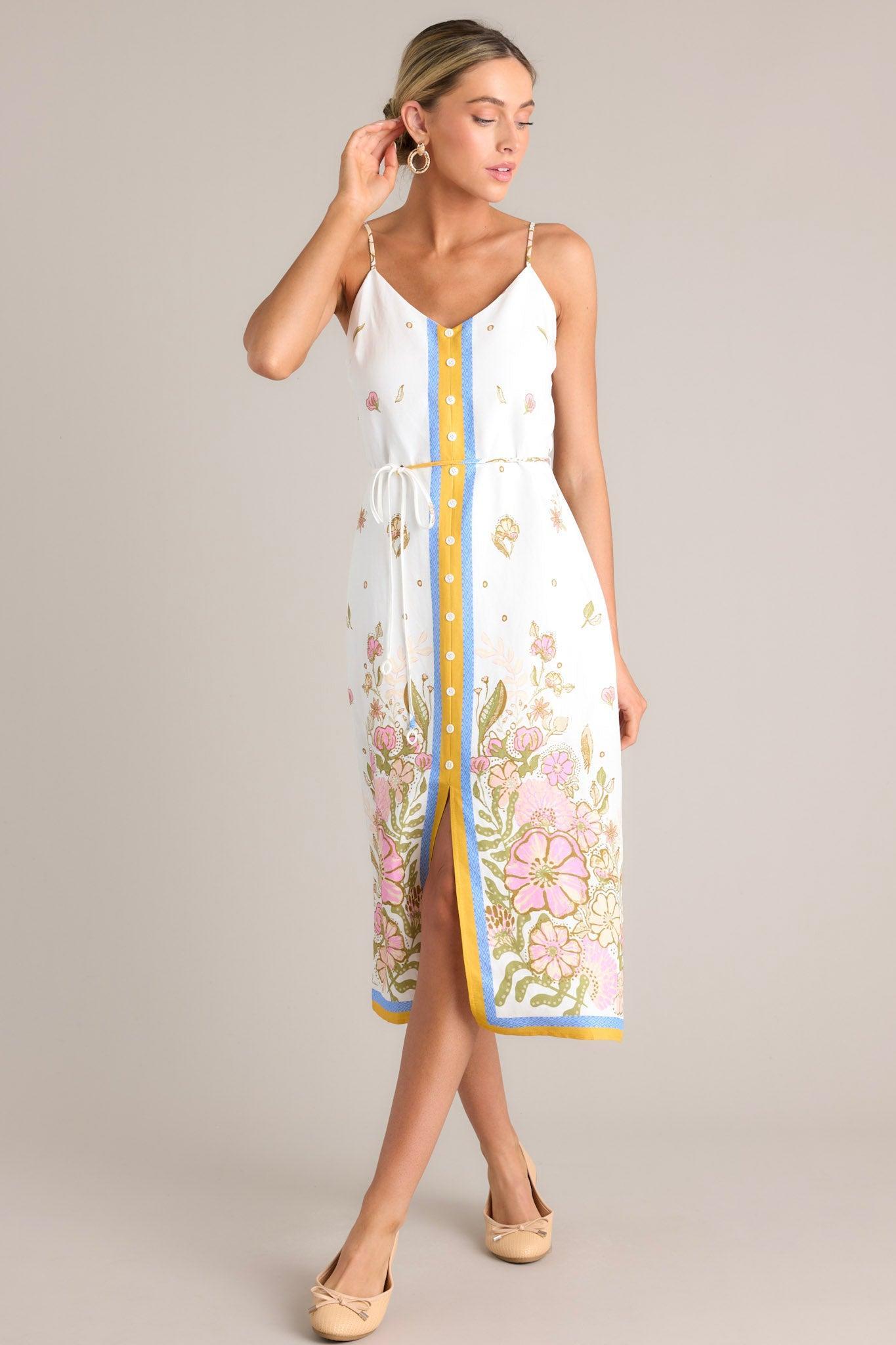 Bursting Blooms Ivory Multi Floral Midi Dress Product Image