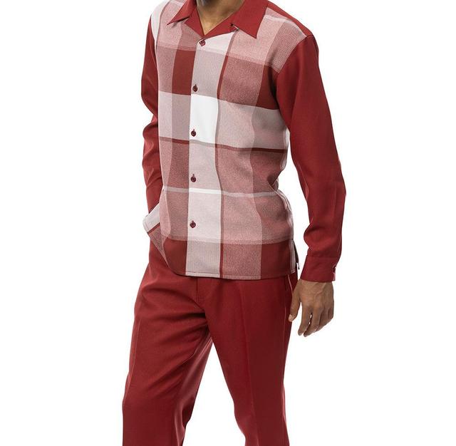 Burgundy Tone-on-Tone Windowpane 2 Piece Long Sleeve Walking Suit Set Product Image