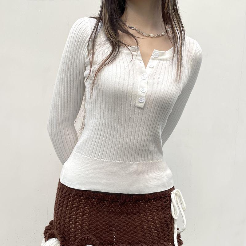 Long Sleeve Henley Neck Plain Ribbed Knit Crop Top Product Image