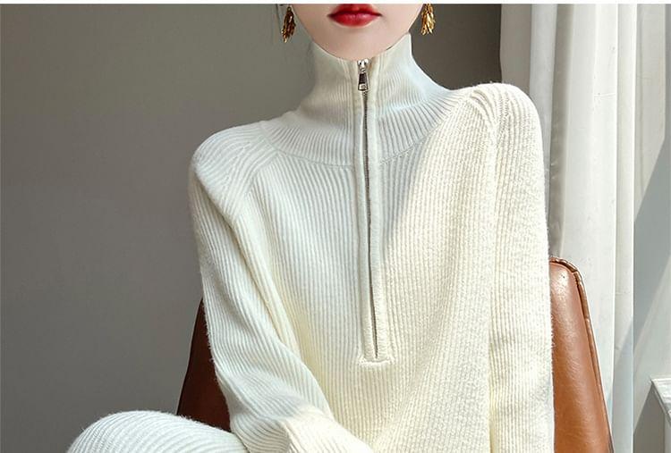 Long Sleeve Stand Collar Plain Half Zip Ribbed Midi A-Line Sweater Dress Product Image