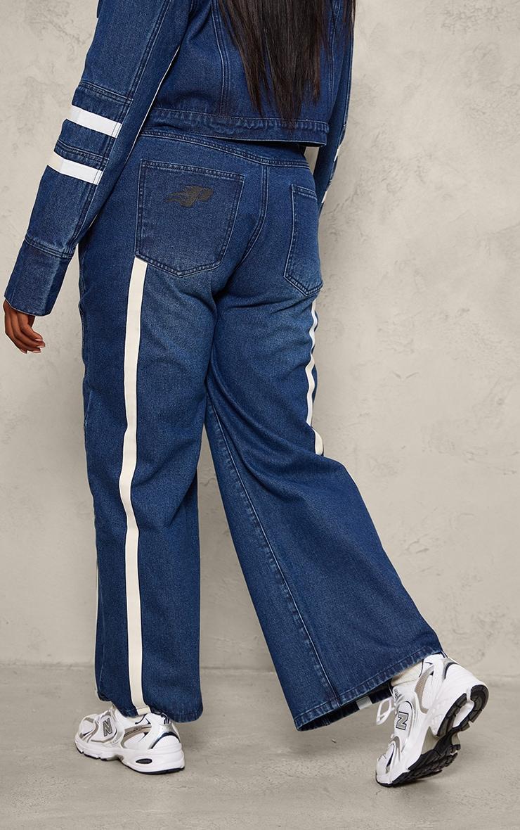 Plus Mid Blue Wash Graphic Detail Panelled Wide Leg Jeans Product Image