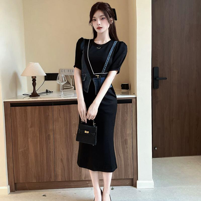 Mock Two-Piece Short-Sleeve Denim Panel Midi Sheath Dress Product Image