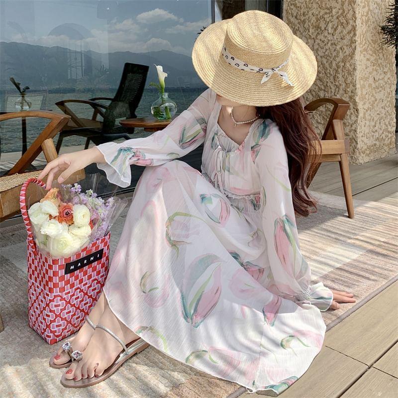 Long Sleeve Square Neck Floral Print Ruched Panel Tie-Up Midi A-Line Dress Product Image