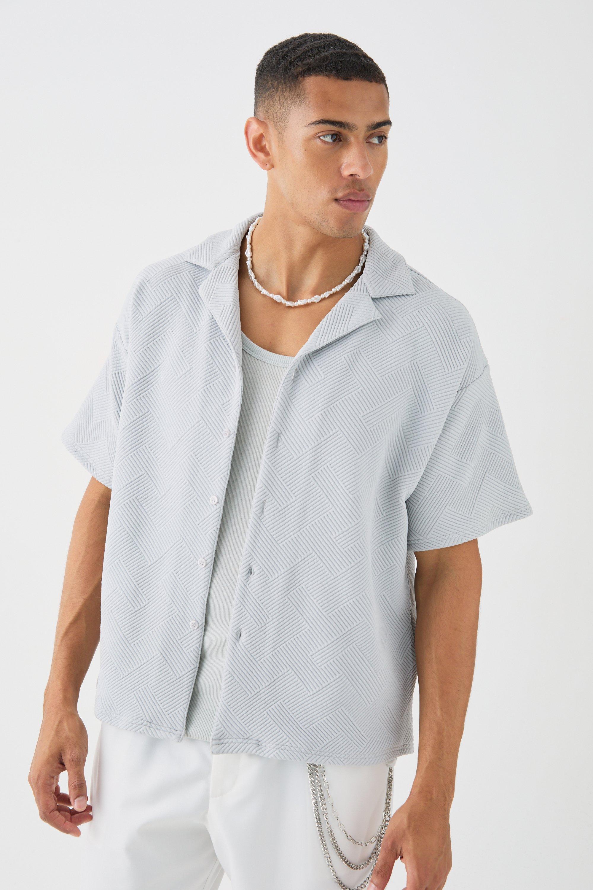 Boxy Twill Revere Collar Shirt In Grey | boohooMAN USA Product Image