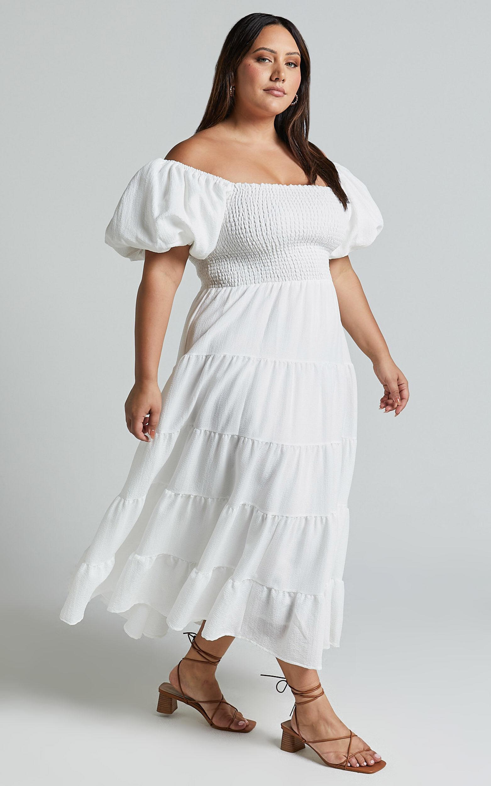 Maxima Midi Dress - Puff Sleeve Shirred Bodice Tiered Dress in White Product Image