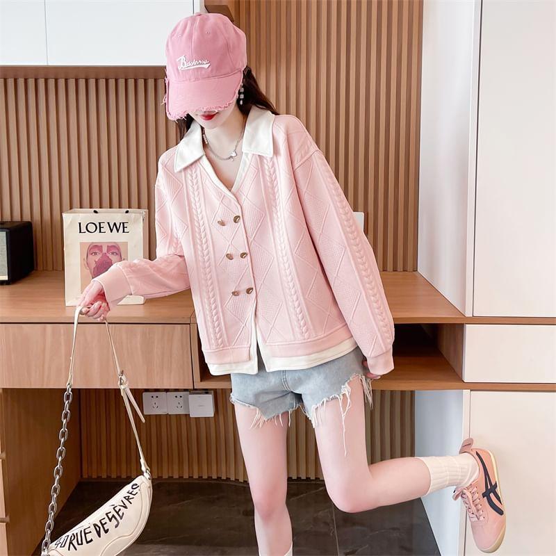 V-Neck Collared Mock Two-Piece Two Tone Jacquard Button-Up Jacket Product Image